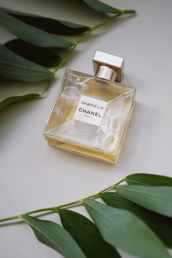 Square perfume bottle with a label reading 'Gabrielle Chanel Paris'